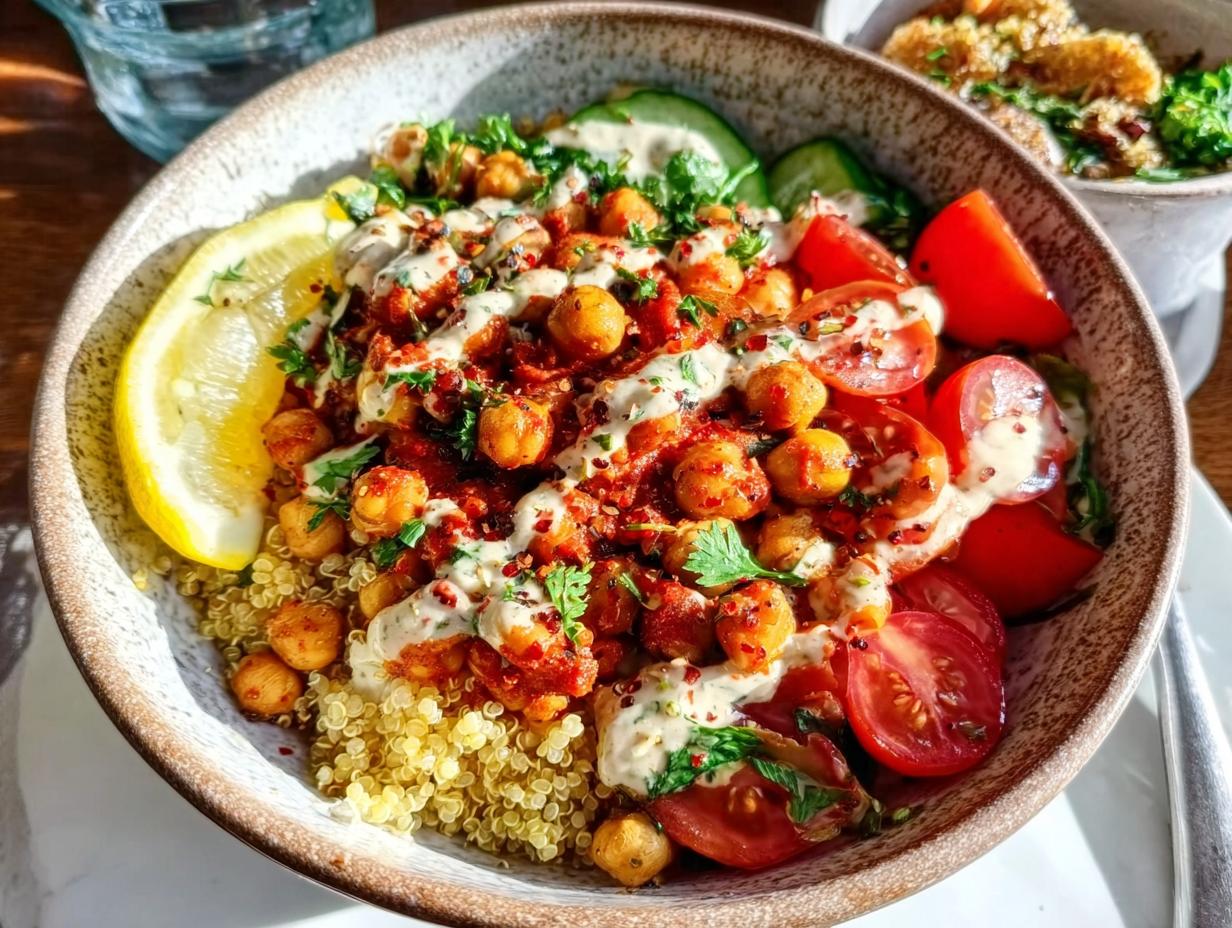 Close-up of a colorful Spicy Chickpea Bowls featuring seasoned chickpeas, quinoa, cherry tomatoes, cucumber, and a tahini drizzle.