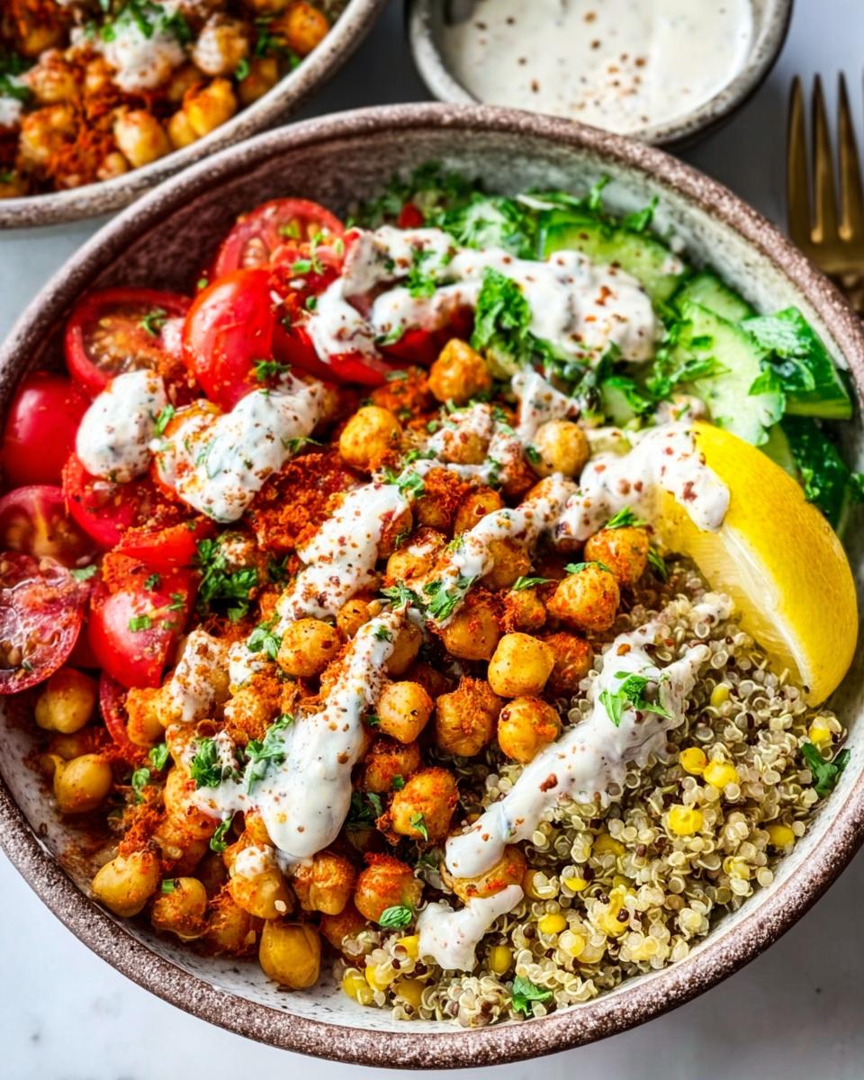 A vibrant bowl featuring spicy chickpea bowls, quinoa, sliced tomatoes, cucumbers, and a creamy white drizzle.