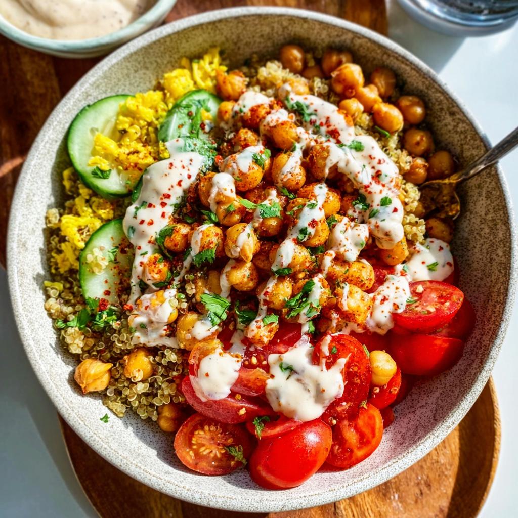 Close-up of a vibrant bowl featuring spicy chickpea bowls over quinoa, topped with tahini sauce, tomatoes, and cucumber.