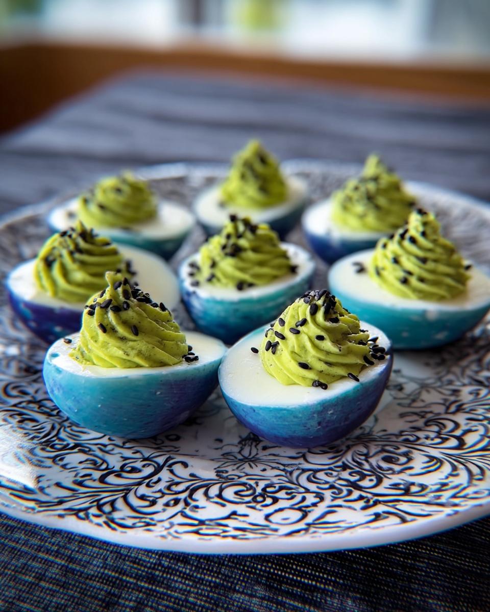 A plate of blue-tinted Spider Deviled Eggs filled with green avocado mixture and topped with black sesame seeds.