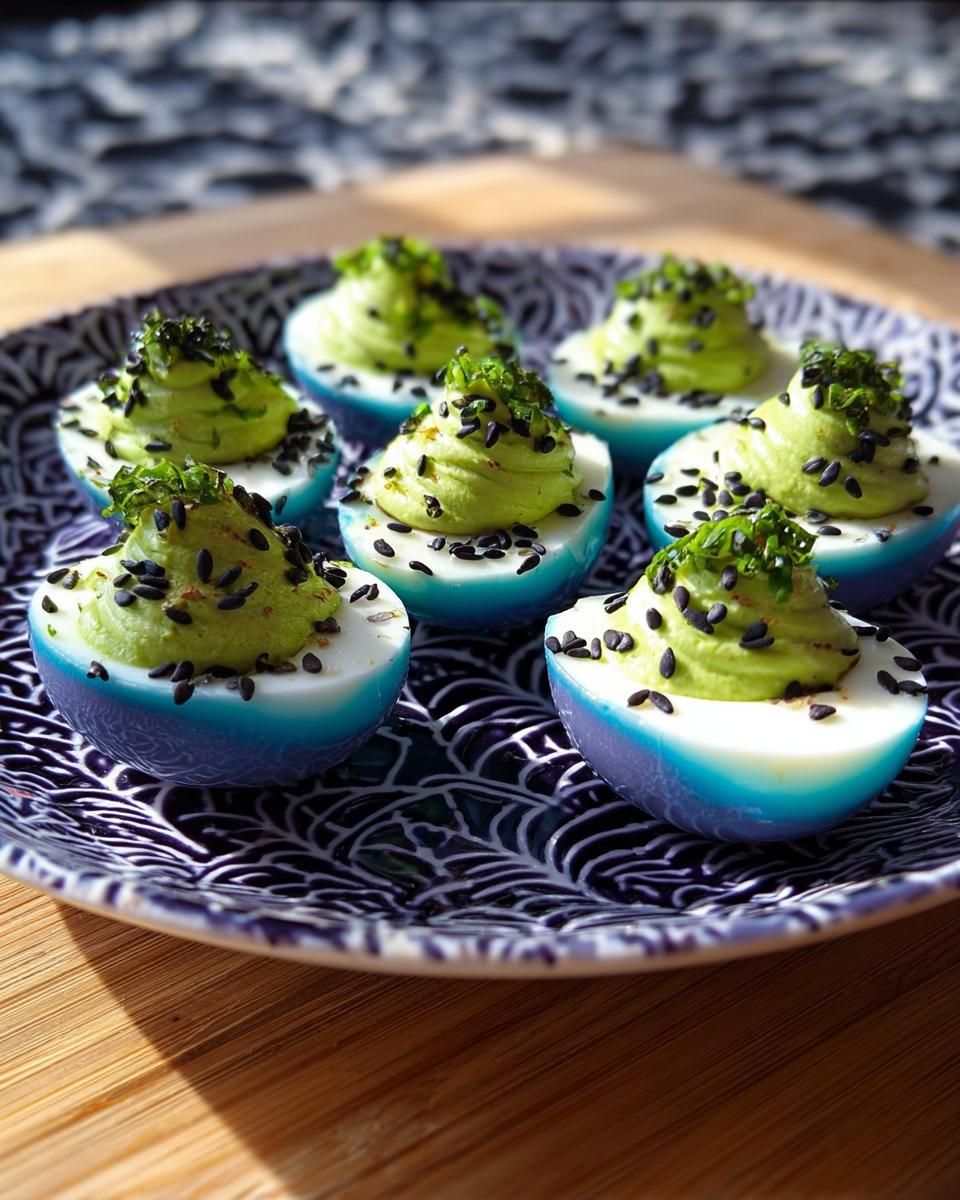 Close-up of vibrant blue and white Spider Deviled Eggs filled with green avocado mixture and topped with black sesame seeds.