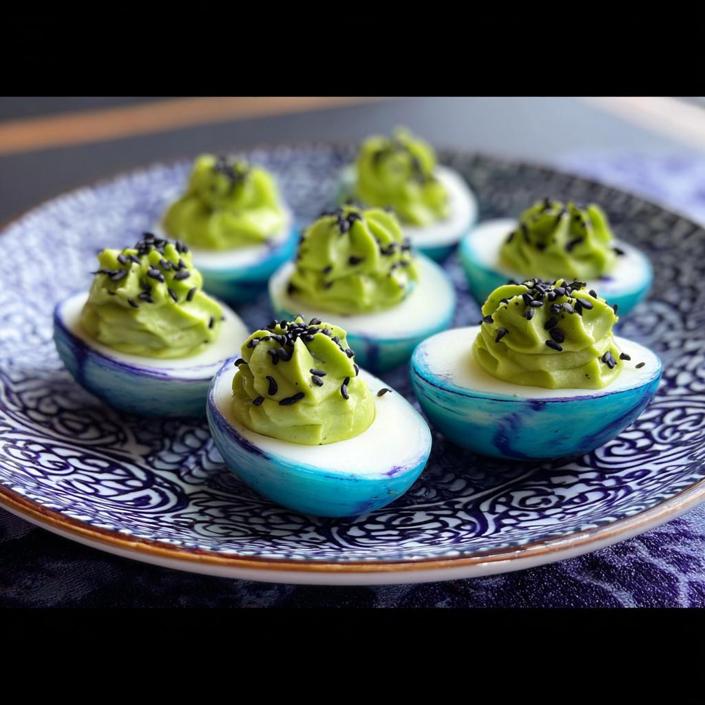 Close-up of Spider Deviled Eggs with a vibrant green filling and black sesame seed topping on a decorative plate.