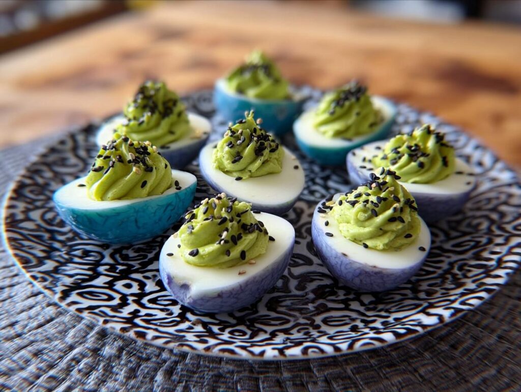 A plate of Spider Deviled Eggs, featuring a vibrant green filling piped into colorful egg white halves and sprinkled with black sesame seeds.