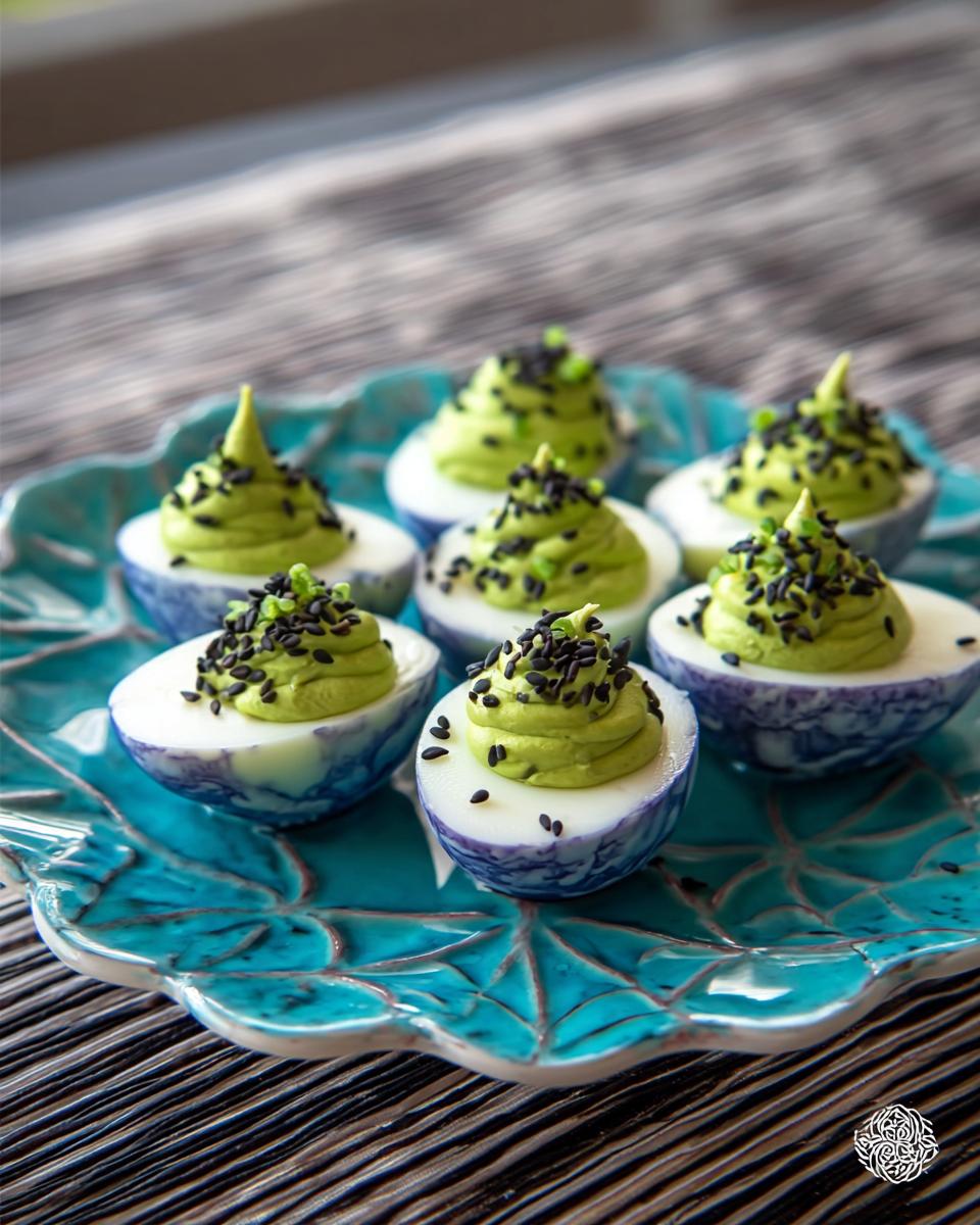Close-up of Spider Deviled Eggs with a vibrant green filling and black sesame seed topping on a decorative blue plate.
