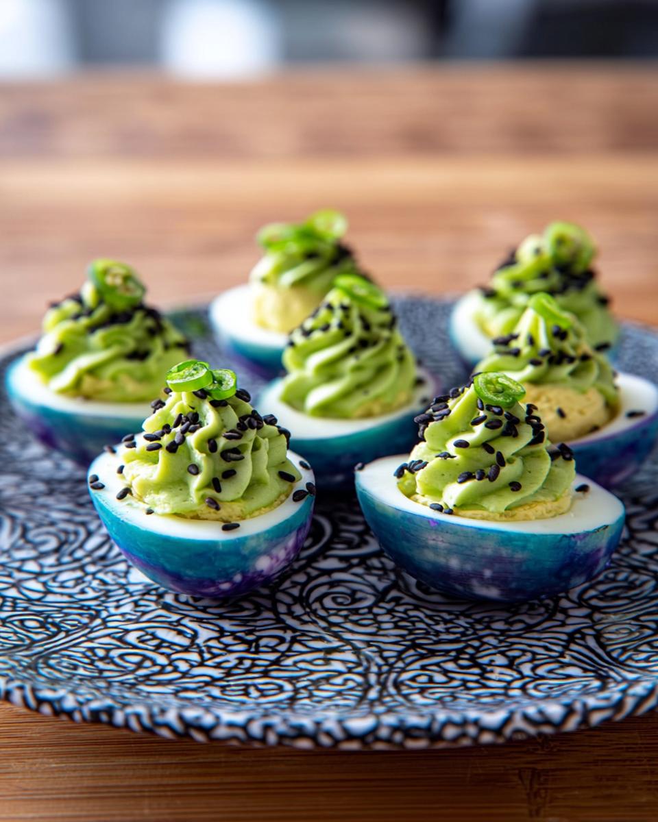 Close-up of colorful Spider Deviled Eggs with green filling, black sesame seeds, and jalapeño slices.