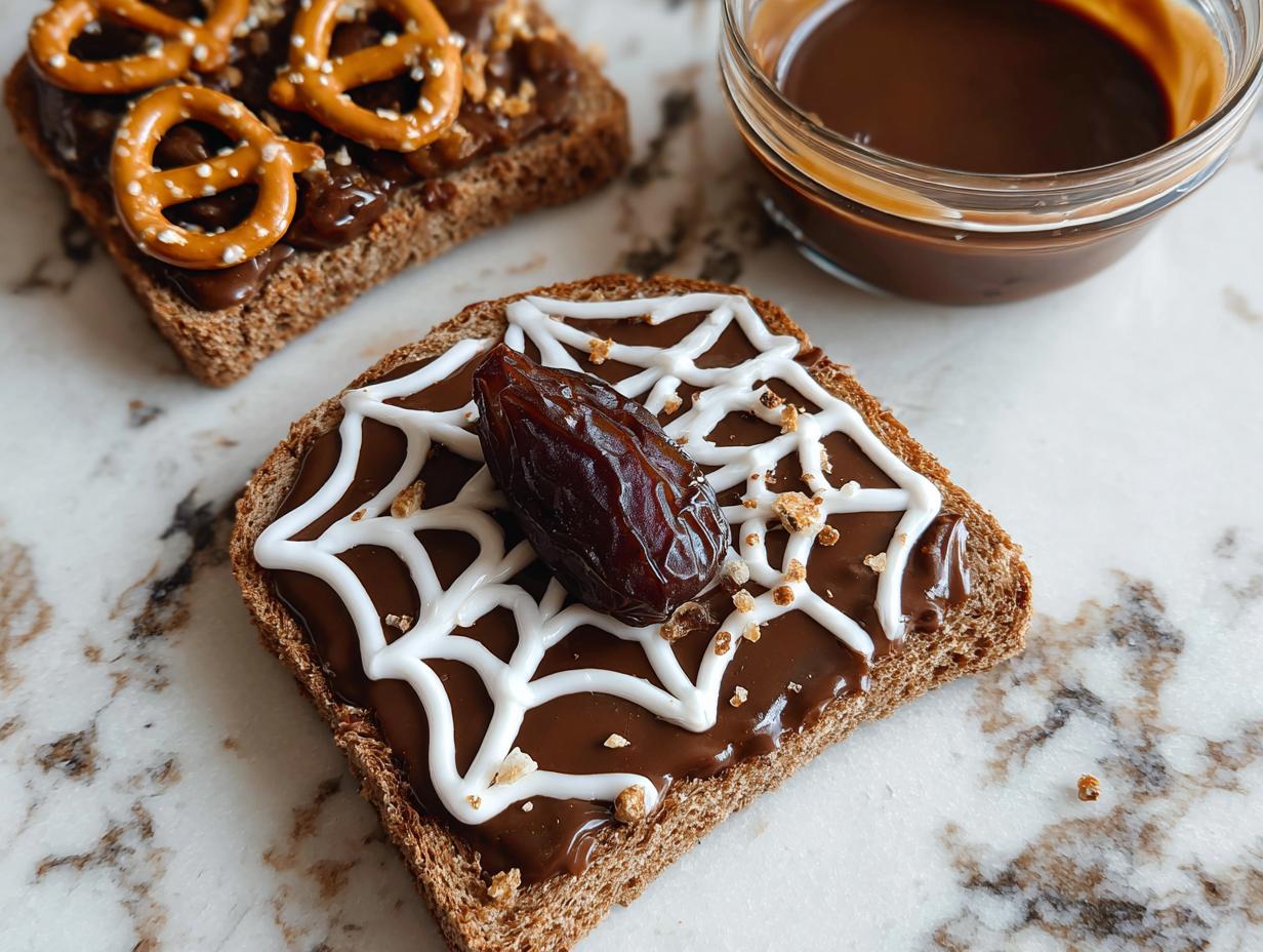 Spider Toast & Fruit Bats recipe: A slice of whole wheat toast topped with chocolate spread, white icing spider web, a date, and crushed nuts.