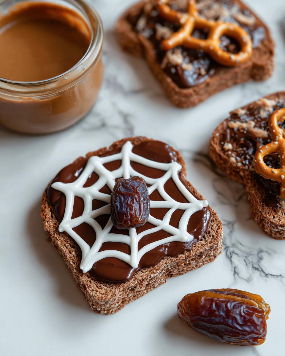 Spider Toast & Fruit Bats: A slice of toast decorated with chocolate spread, white icing spiderweb, and a date as the spider.