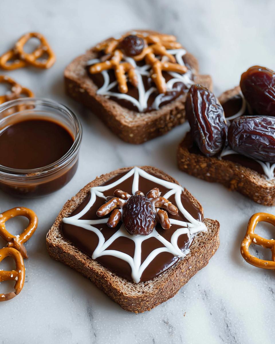 Close-up of Spider Toast & Fruit Bats, featuring whole wheat toast with chocolate spread, white icing spiderwebs, pretzel spiders, and dates.