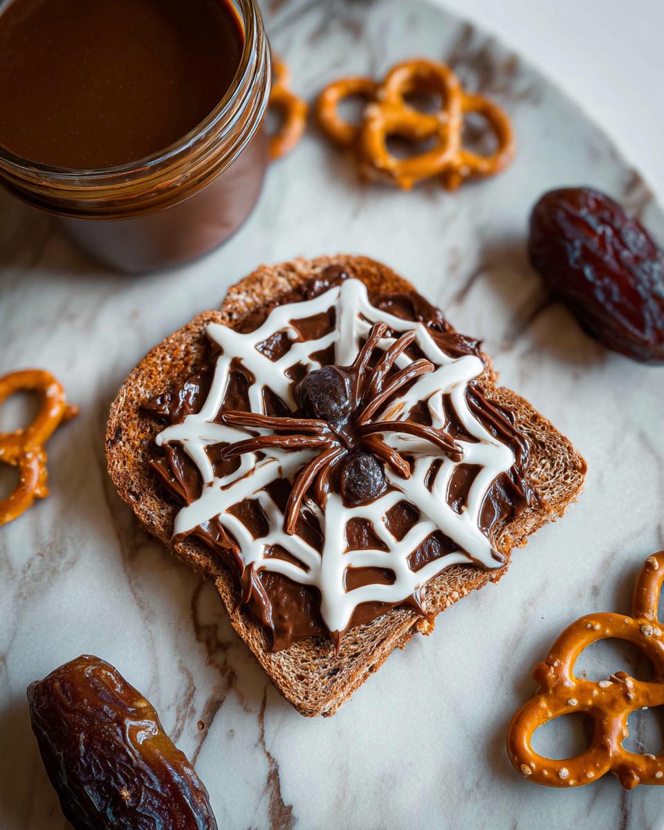 A slice of whole wheat toast decorated as Spider Toast & Fruit Bats with chocolate spread, white icing spiderweb, and a chocolate spider.