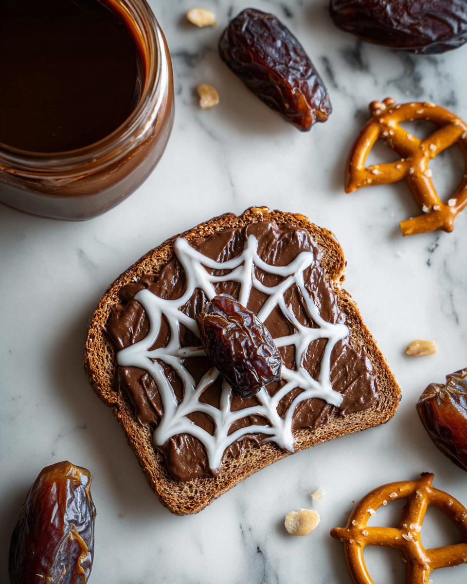 A slice of toast decorated with chocolate spread and white icing to look like a spider web, with a date in the center, for Spider Toast & Fruit Bats.