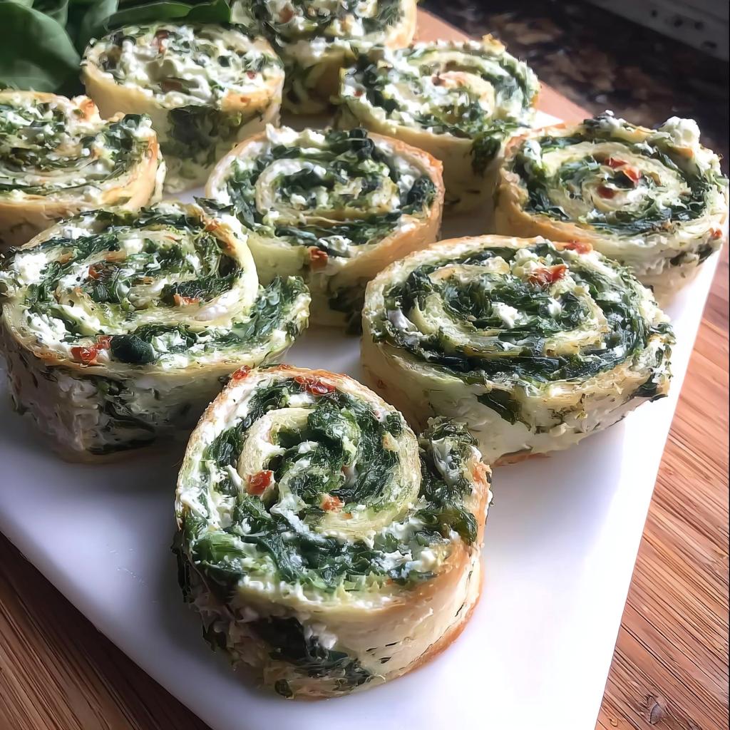 A plate of freshly cut Spinach Dip Pinwheels showing the creamy filling and green spinach swirl.