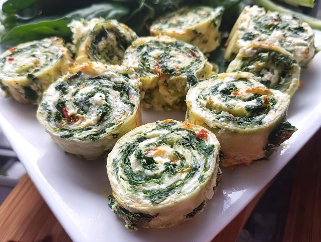 Close-up of several freshly cut Spinach Dip Pinwheels showing the creamy white filling swirled with vibrant green spinach.