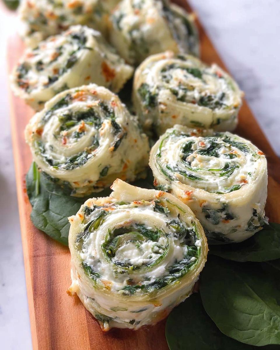 Several slices of delicious Spinach Dip Pinwheels showing the creamy white filling and green spinach swirl, arranged on a wooden board.