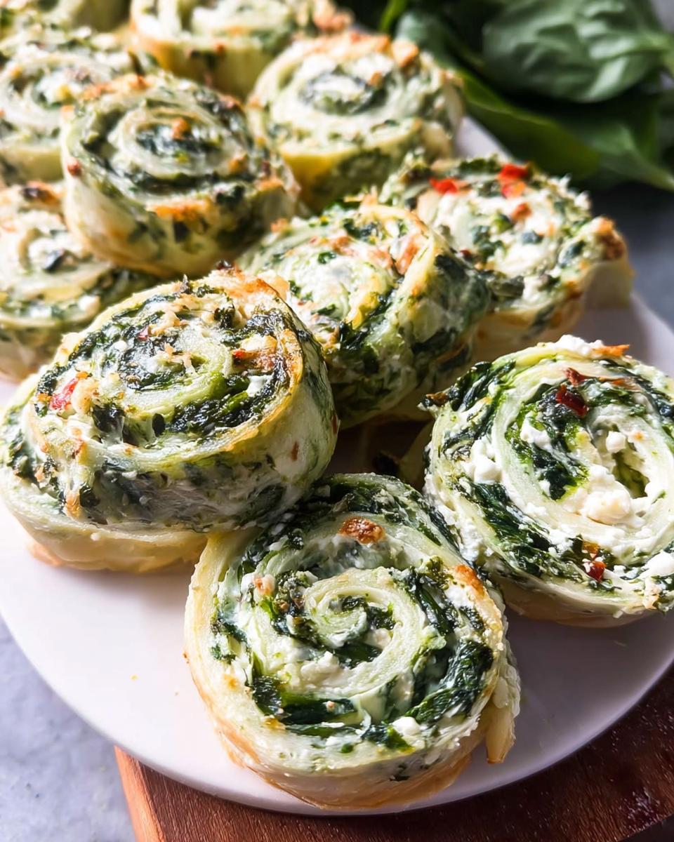 A close-up of several golden-brown Spinach Dip Pinwheels filled with creamy spinach and cheese mixture, arranged on a white plate.