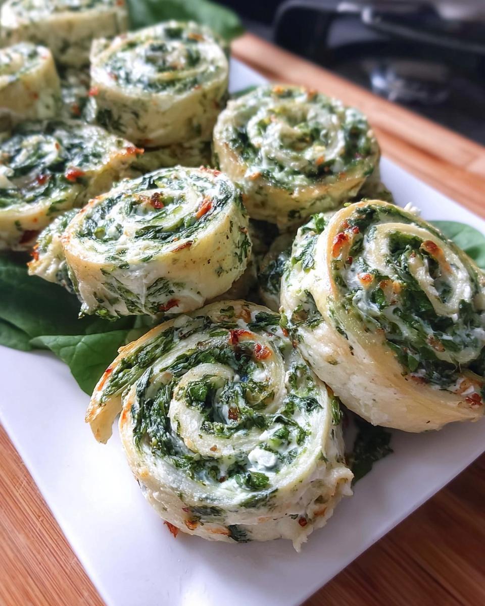 A close-up of several freshly baked Spinach Dip Pinwheels arranged on a white platter.