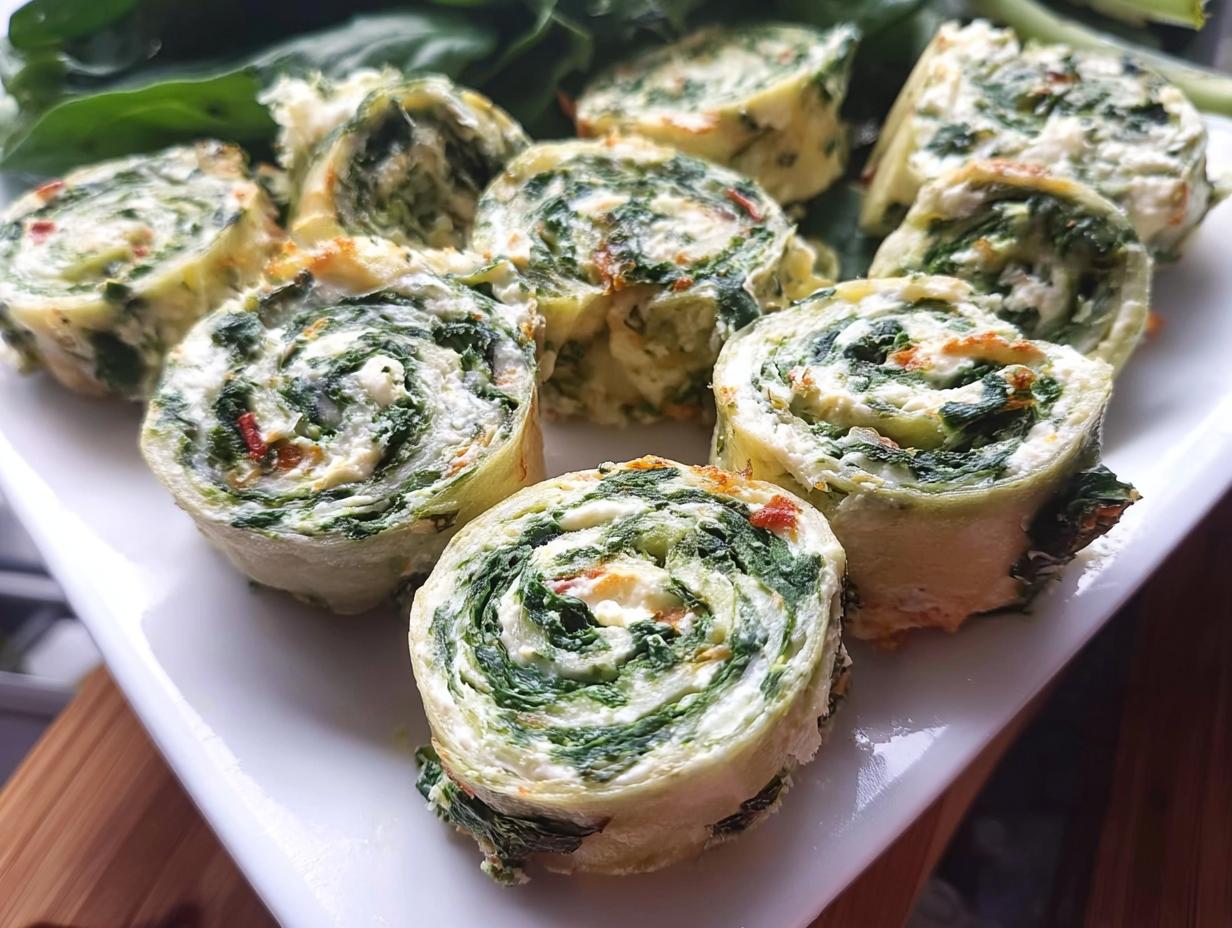 Close-up of several freshly cut Spinach Dip Pinwheels showing the creamy white filling swirled with vibrant green spinach.