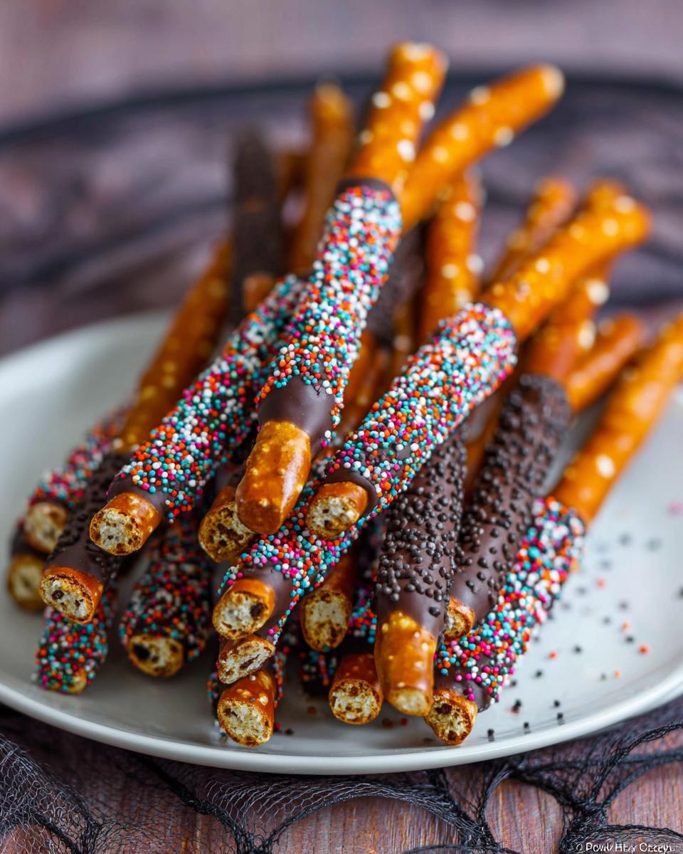 A pile of Spooky Chocolate-Dipped Pretzel Rods, some with colorful sprinkles and others with chocolate sprinkles, on a white plate.