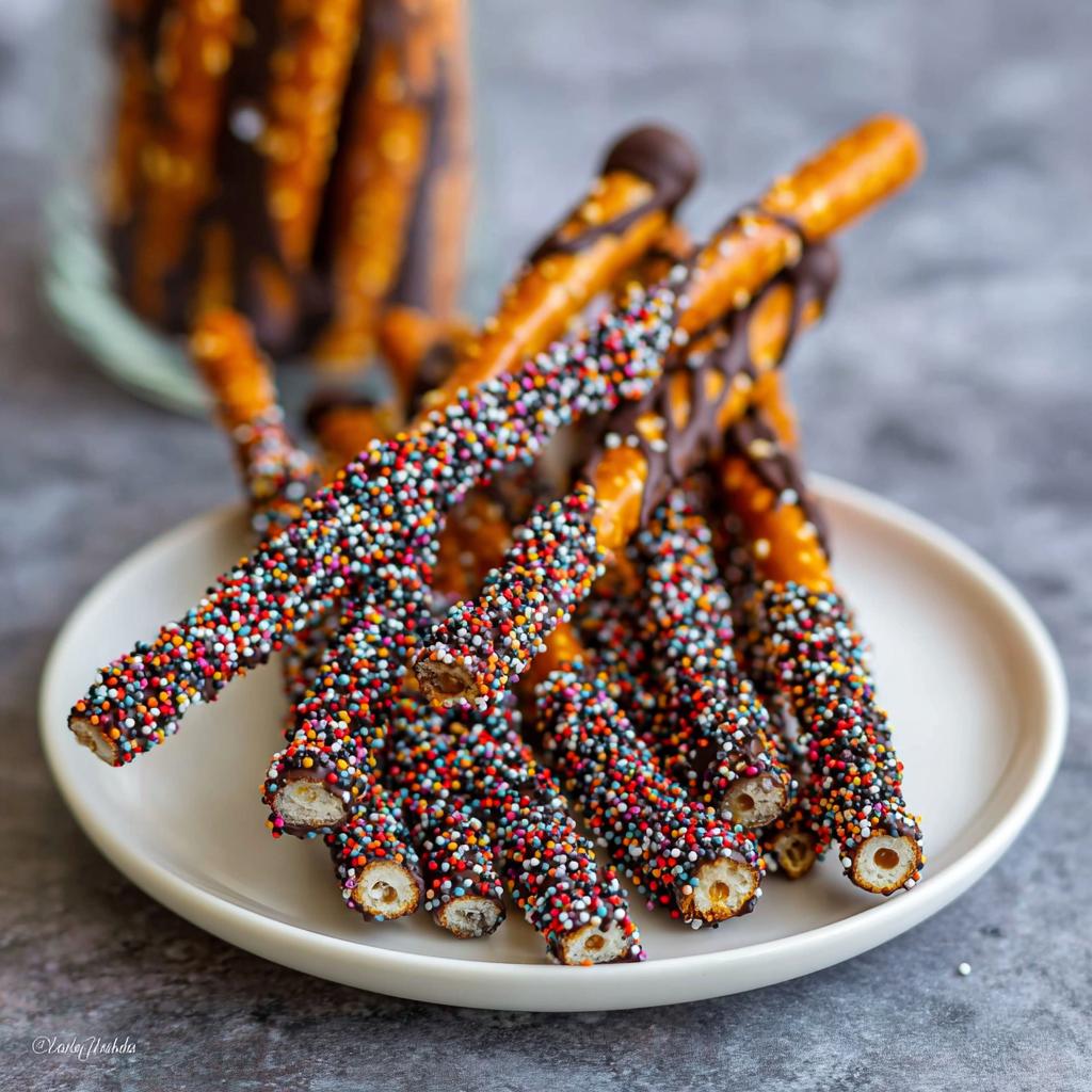 A pile of Spooky Chocolate-Dipped Pretzel Rods covered in colorful sprinkles on a white plate.