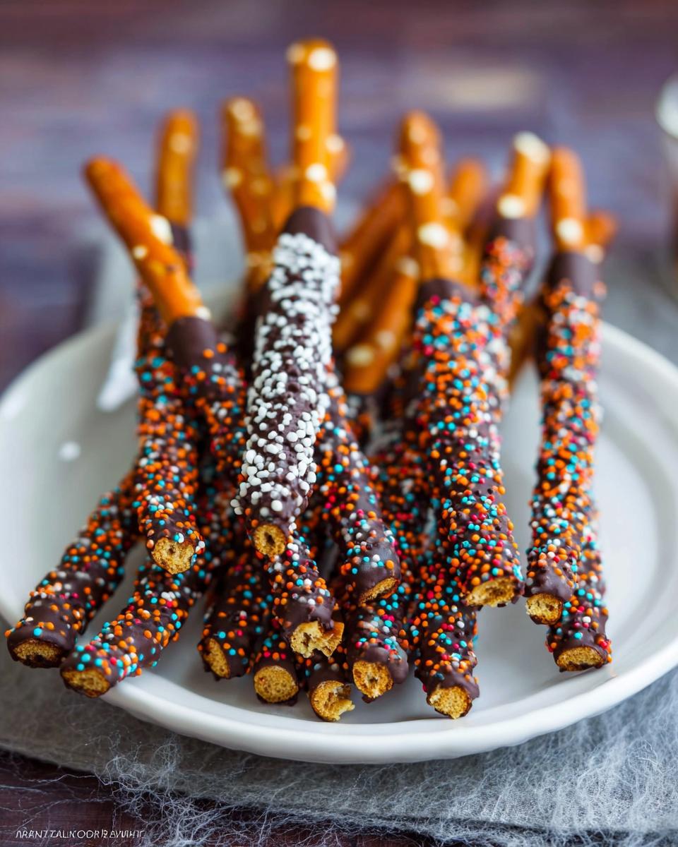 A pile of Spooky Chocolate-Dipped Pretzel Rods decorated with colorful Halloween sprinkles on a white plate.