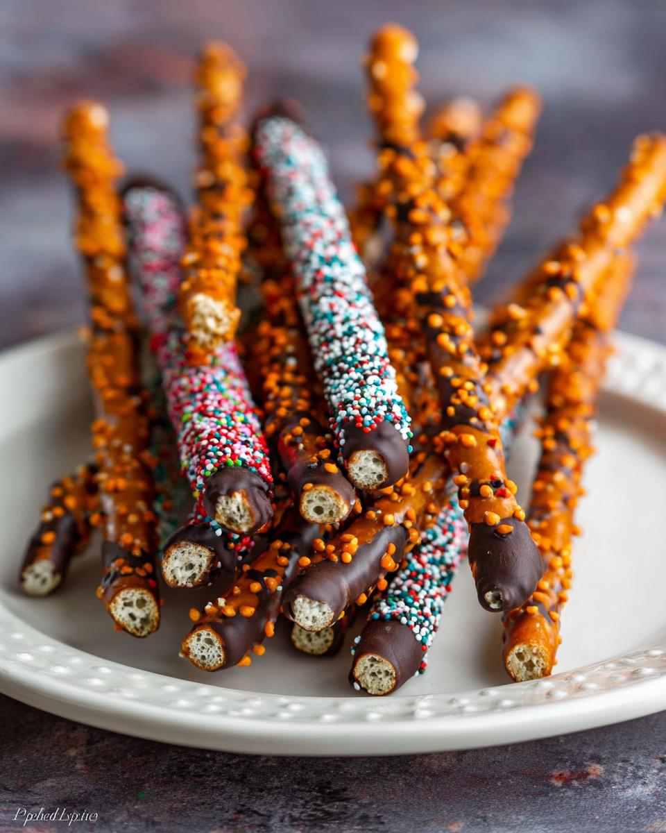 A pile of Spooky Chocolate-Dipped Pretzel Rods decorated with colorful and orange sprinkles on a white plate.