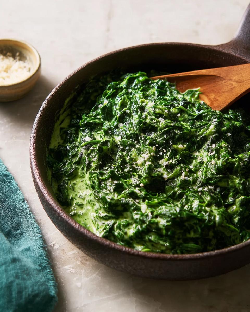 Rich, vibrant green Steakhouse Style Creamed Spinach served in a dark cast iron bowl with a wooden spoon.
