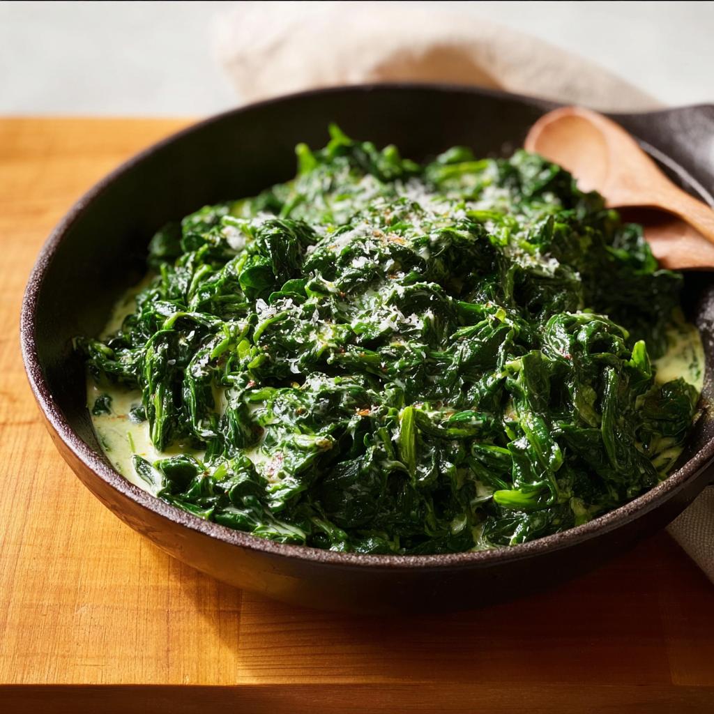 A close-up of rich, dark green Creamed Spinach (Steakhouse Style) served in a rustic black bowl, topped with grated cheese.