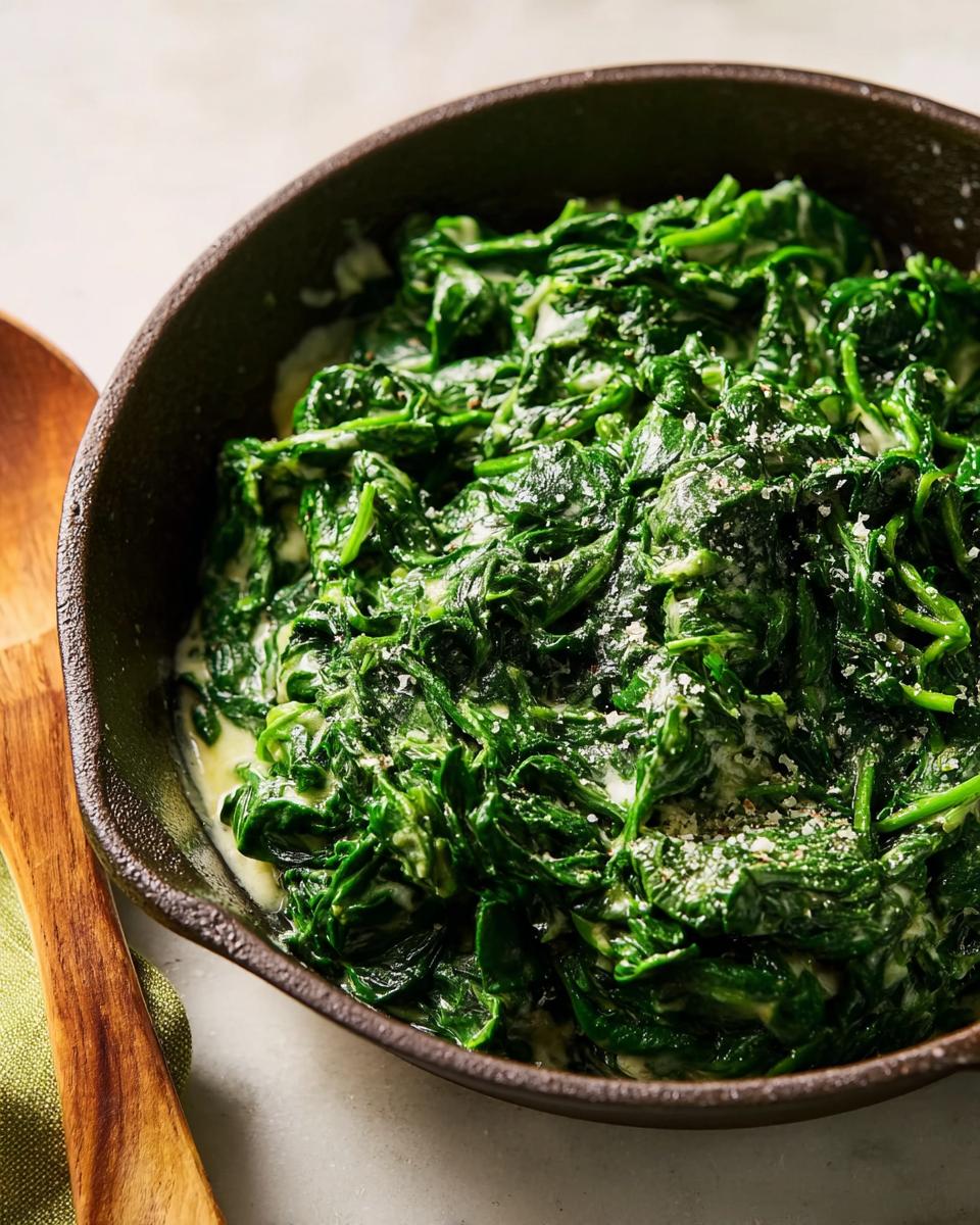 Rich, vibrant green Steakhouse Style Creamed Spinach served hot in a dark cast iron skillet, topped with seasoning.