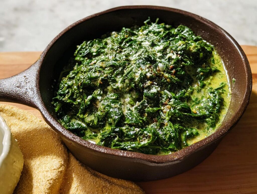 Rich, vibrant green steakhouse style Creamed Spinach served hot in a small, dark brown cast iron skillet.