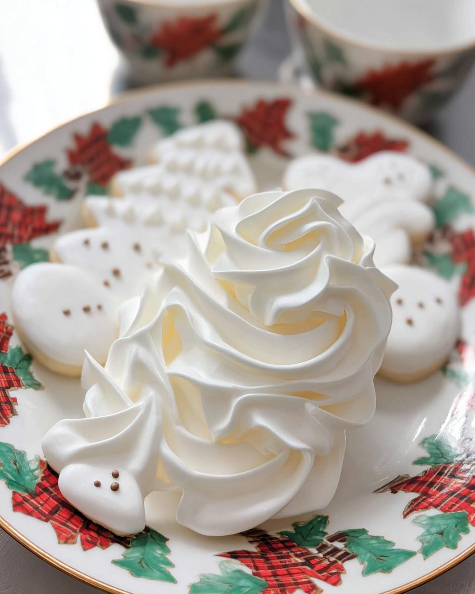 A large swirl of perfectly piped, stiff Royal Icing for Decorated Cookies on a festive holiday plate.