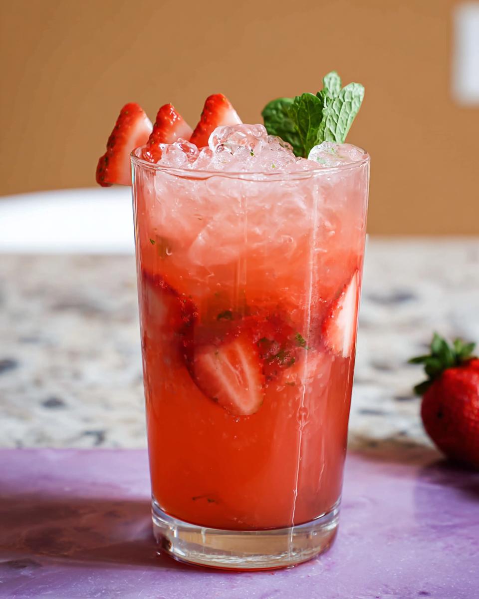 Close-up of a tall glass filled with a vibrant red Strawberry Açaí Refresher Copycat, topped with crushed ice, mint, and sliced strawberries.
