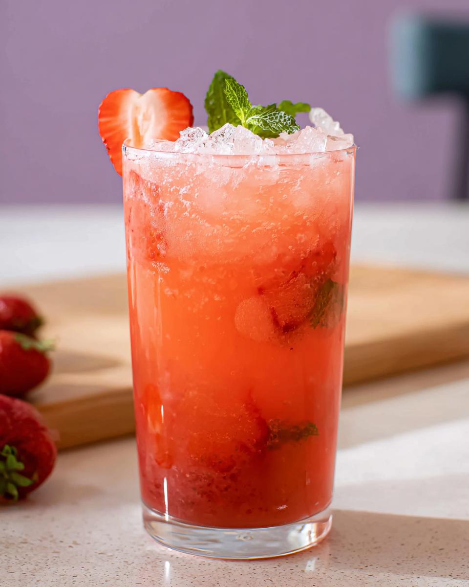 A tall glass filled with a bright red Strawberry Açaí Refresher Copycat, topped with crushed ice, mint, and a strawberry slice.
