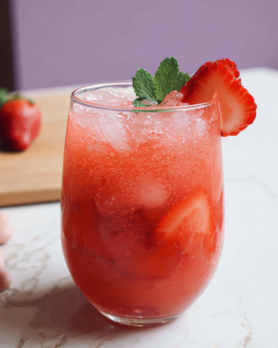 A vibrant, icy Strawberry Açaí Refresher Copycat garnished with a fresh strawberry slice and mint.