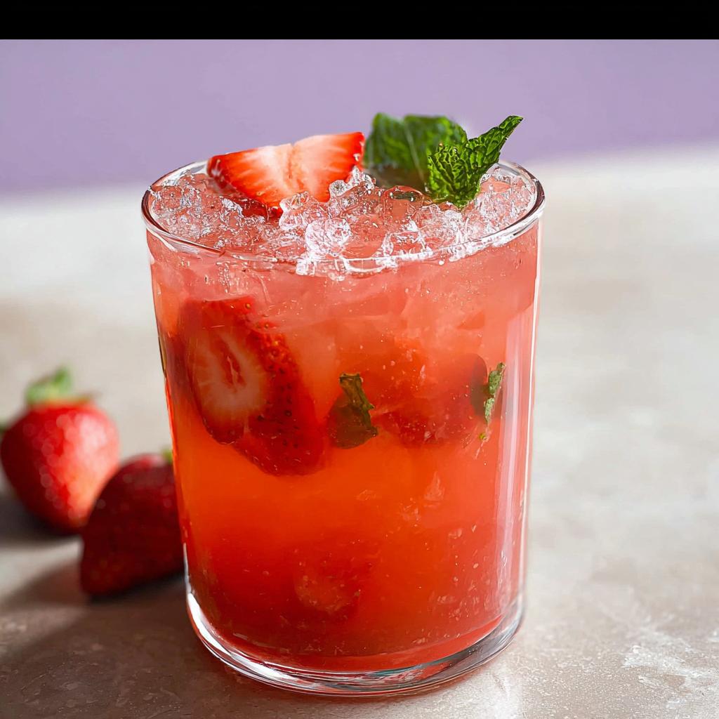 A vibrant, icy Strawberry Açaí Refresher Copycat drink garnished with fresh strawberries and mint.
