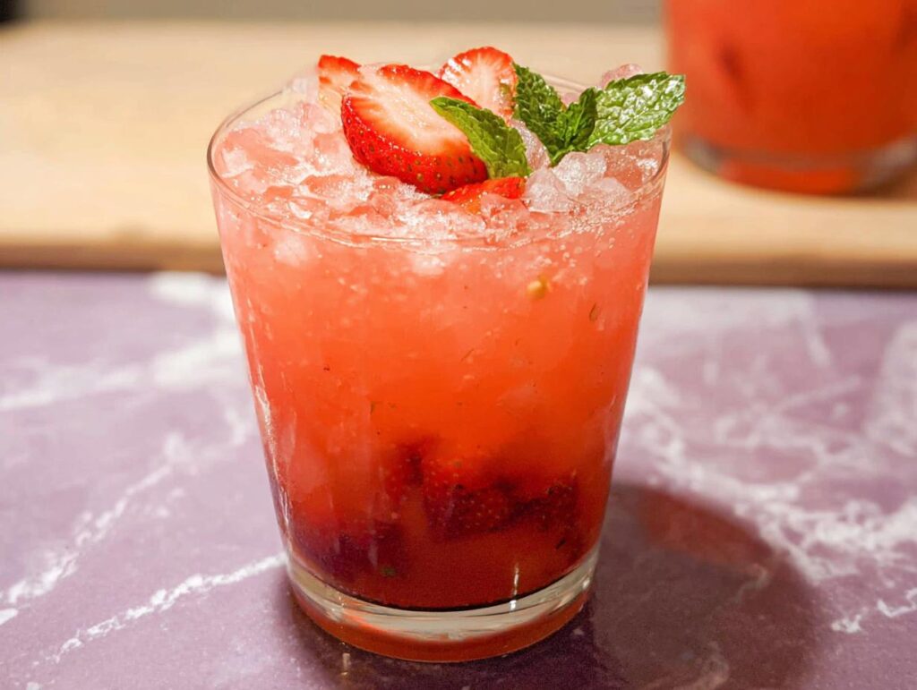 Close-up of a glass filled with a pink Strawberry Açaí Refresher Copycat, topped with crushed ice, strawberry slices, and mint.