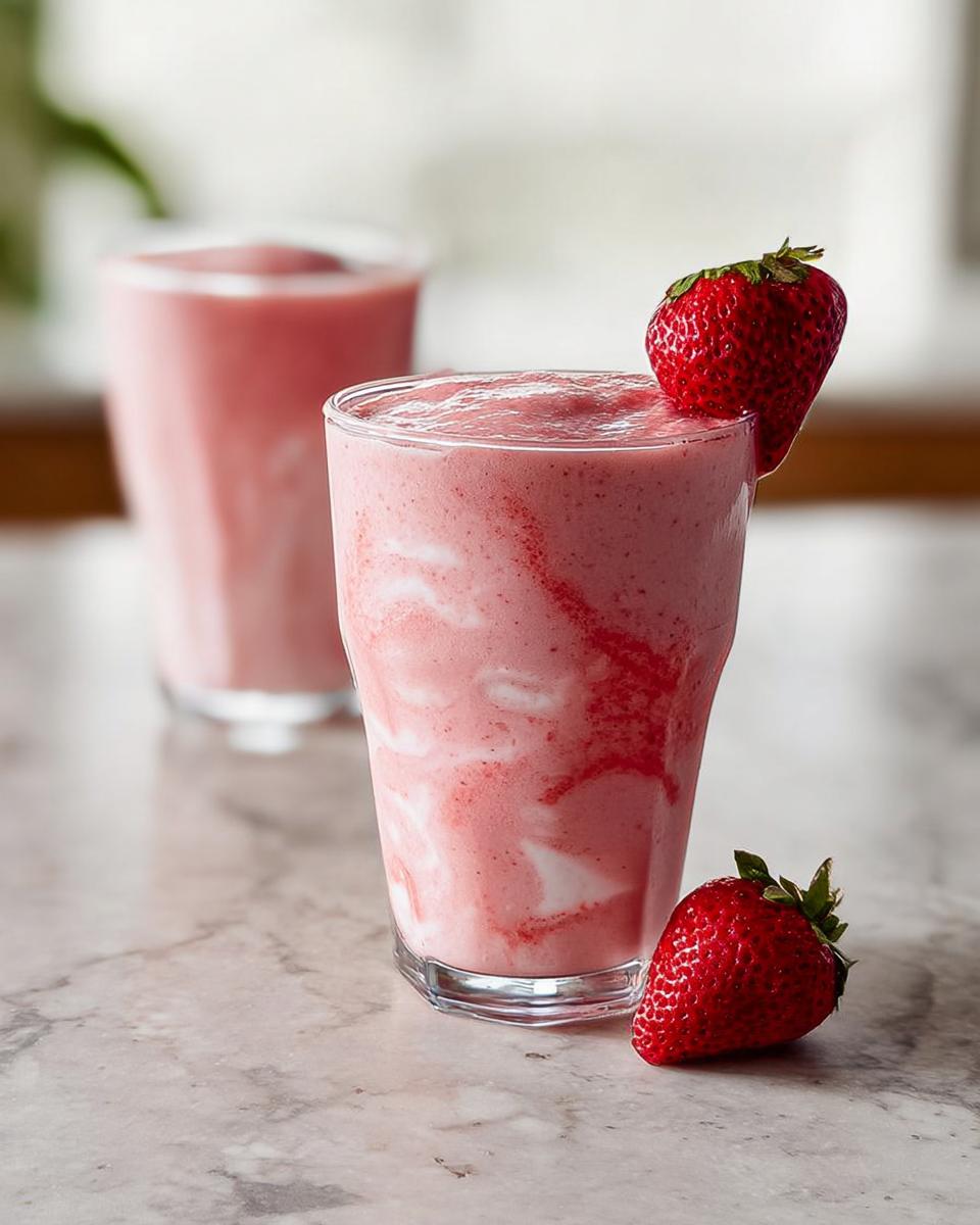 Close-up of a creamy Strawberry Banana Smoothie (Classic) garnished with a fresh strawberry.