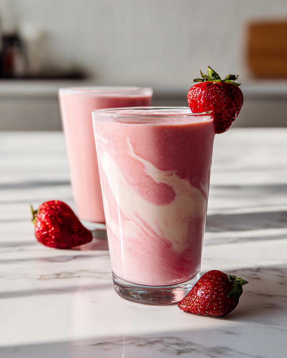 Two glasses of pink and white swirled Strawberry Banana Smoothie (Classic), garnished with fresh strawberries.