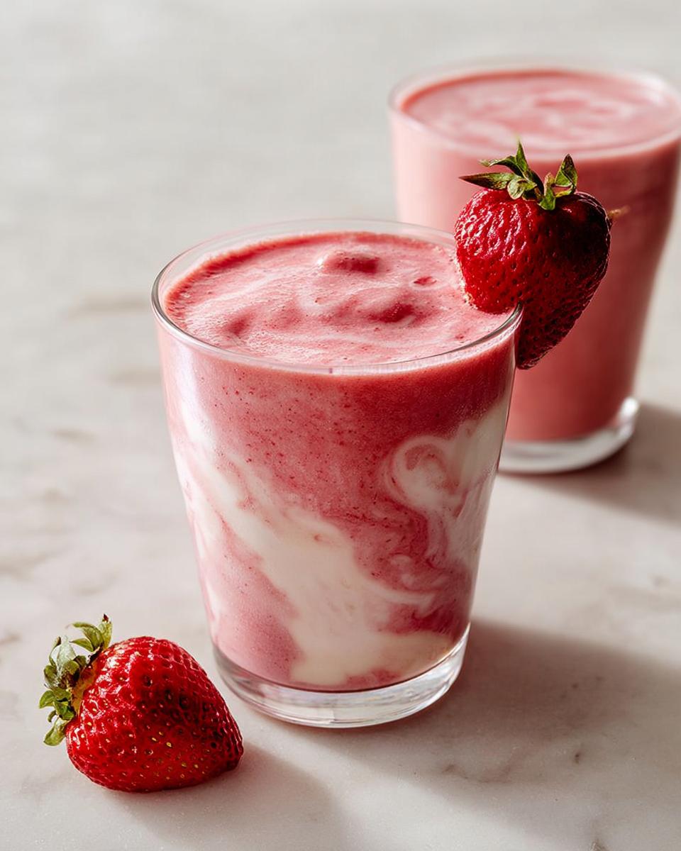 Two glasses of vibrant pink and white swirled Strawberry Banana Smoothie (Classic) garnished with fresh strawberries.