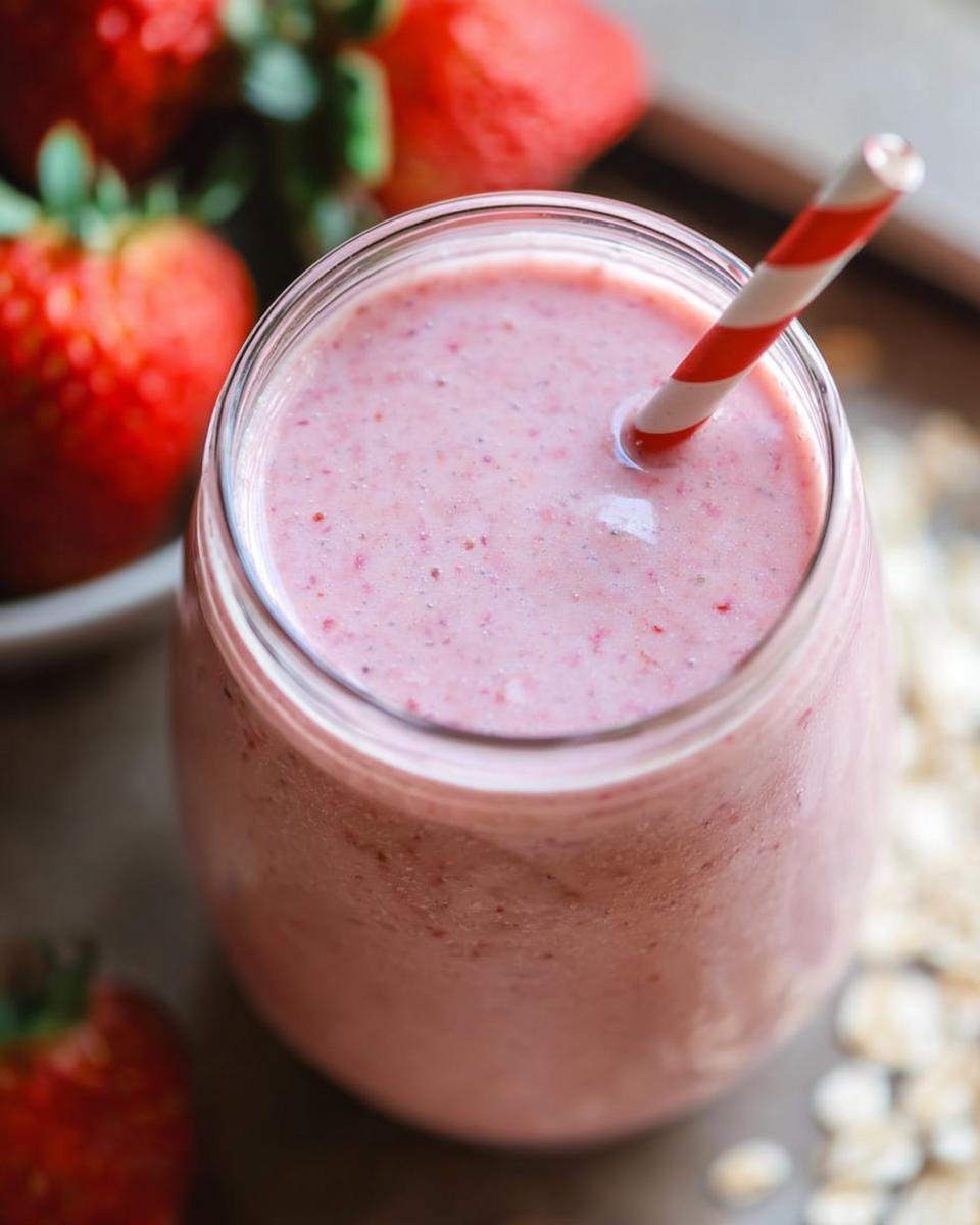 Close-up overhead view of a pink Strawberry Oatmeal Smoothie in a glass with a red and white striped straw.