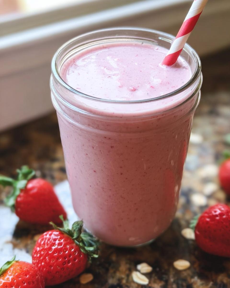 A thick, pink Strawberry Oatmeal Smoothie served in a mason jar with a red and white striped straw, surrounded by fresh strawberries.