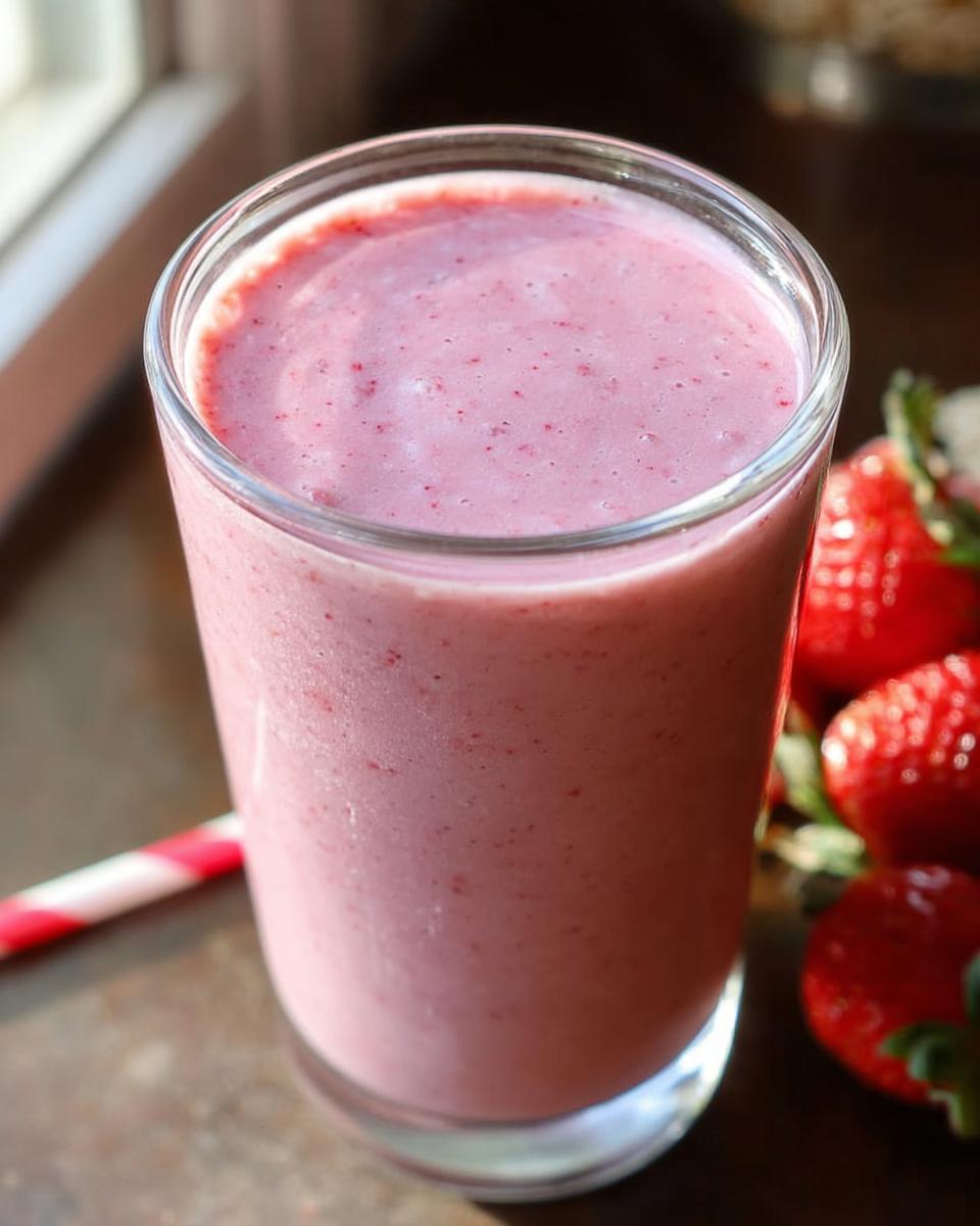 Close-up of a tall glass filled with a thick, pink Strawberry Oatmeal Smoothie, garnished with fresh strawberries nearby.