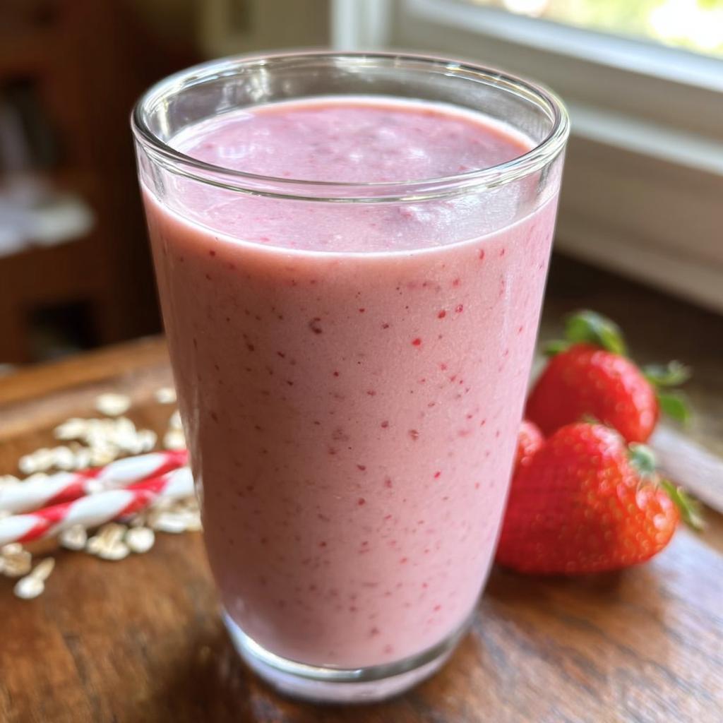 A tall glass filled with a pink Strawberry Oatmeal Smoothie, garnished with fresh strawberries and oats nearby.