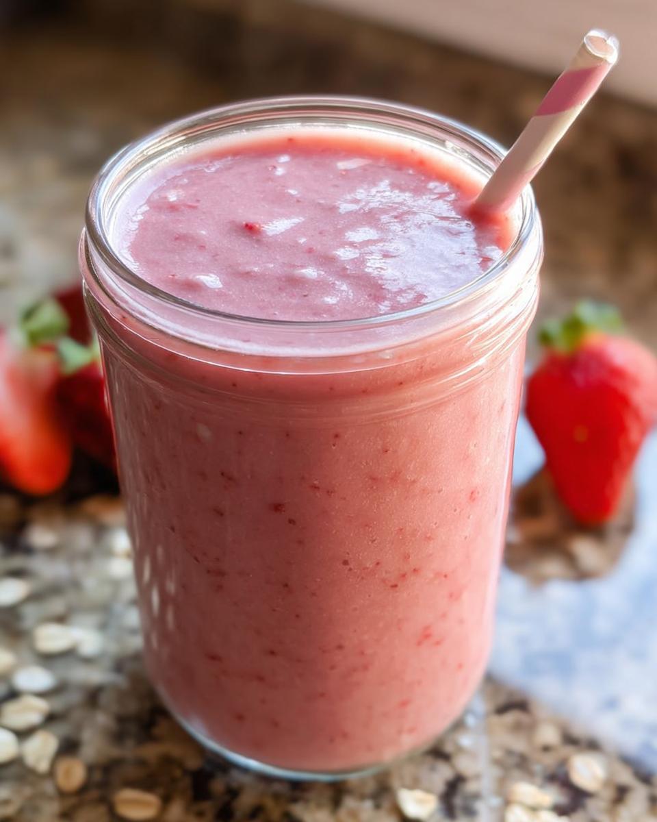 A close-up of a thick, pink Strawberry Oatmeal Smoothie served in a glass jar with a striped straw.