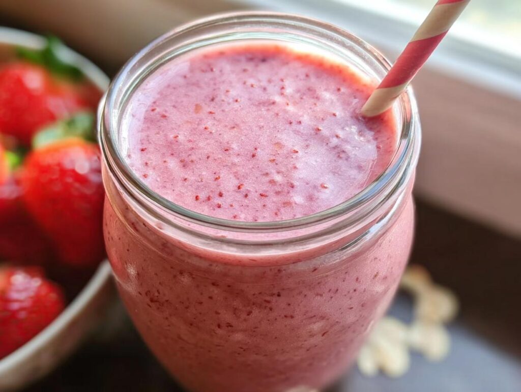 Top-down view of a thick, pink Strawberry Oatmeal Smoothie in a glass jar with a striped straw.