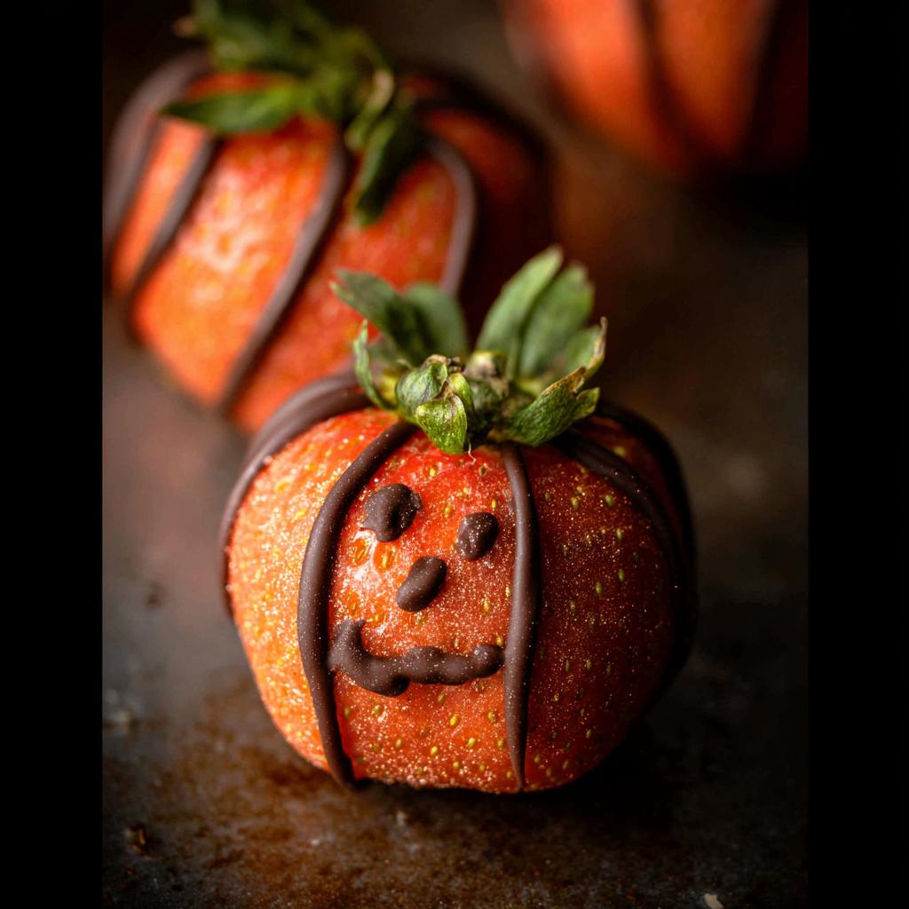 Close-up of a chocolate-dipped strawberry decorated to look like a pumpkin with a carved face and chocolate lines.