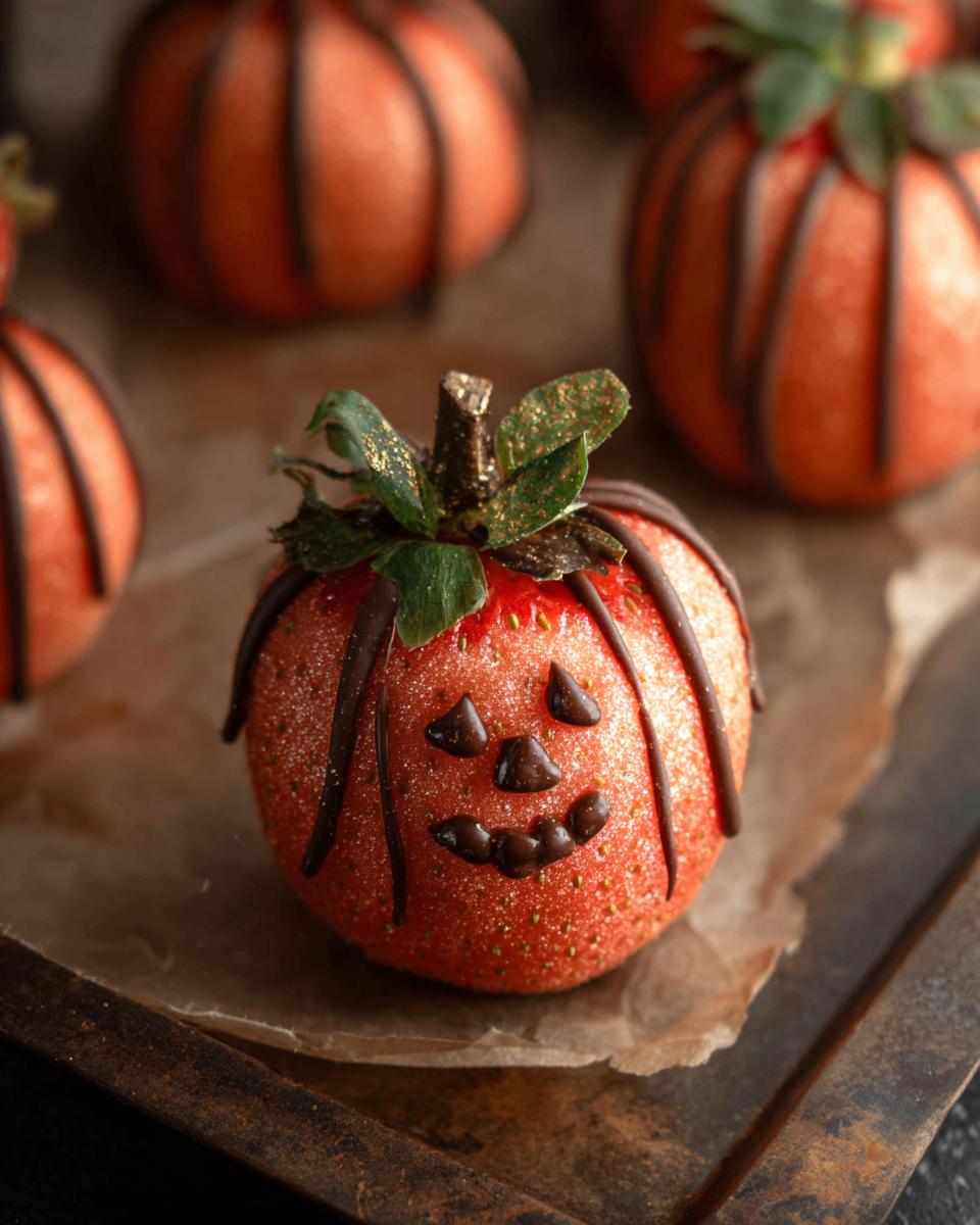 A close-up of a chocolate-dipped strawberry decorated to look like a pumpkin with a carved face and chocolate lines.
