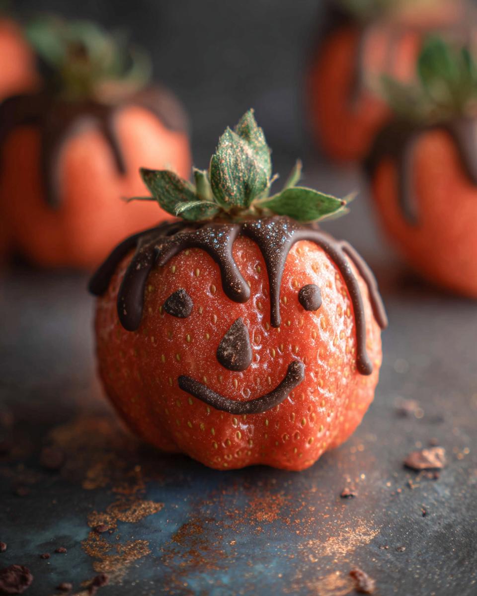 Close-up of a chocolate-dipped strawberry decorated to look like a pumpkin with a carved face.