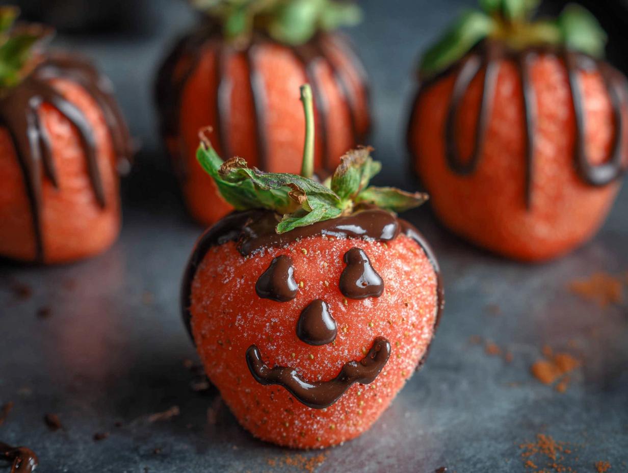 Close-up of a festive Strawberry "Pumpkin" treat, decorated with chocolate drizzle for a jack-o'-lantern face.