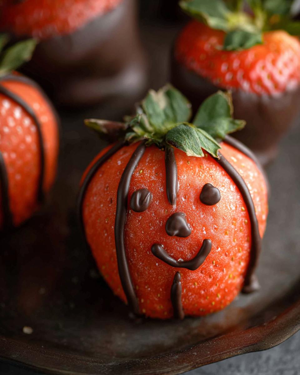 Close-up of a chocolate-dipped strawberry decorated to look like a pumpkin with a chocolate face.