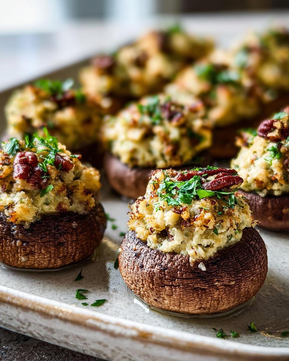 Close-up of baked Stuffed Mushrooms (Make Ahead) piled high with savory stuffing and topped with a pecan and parsley.
