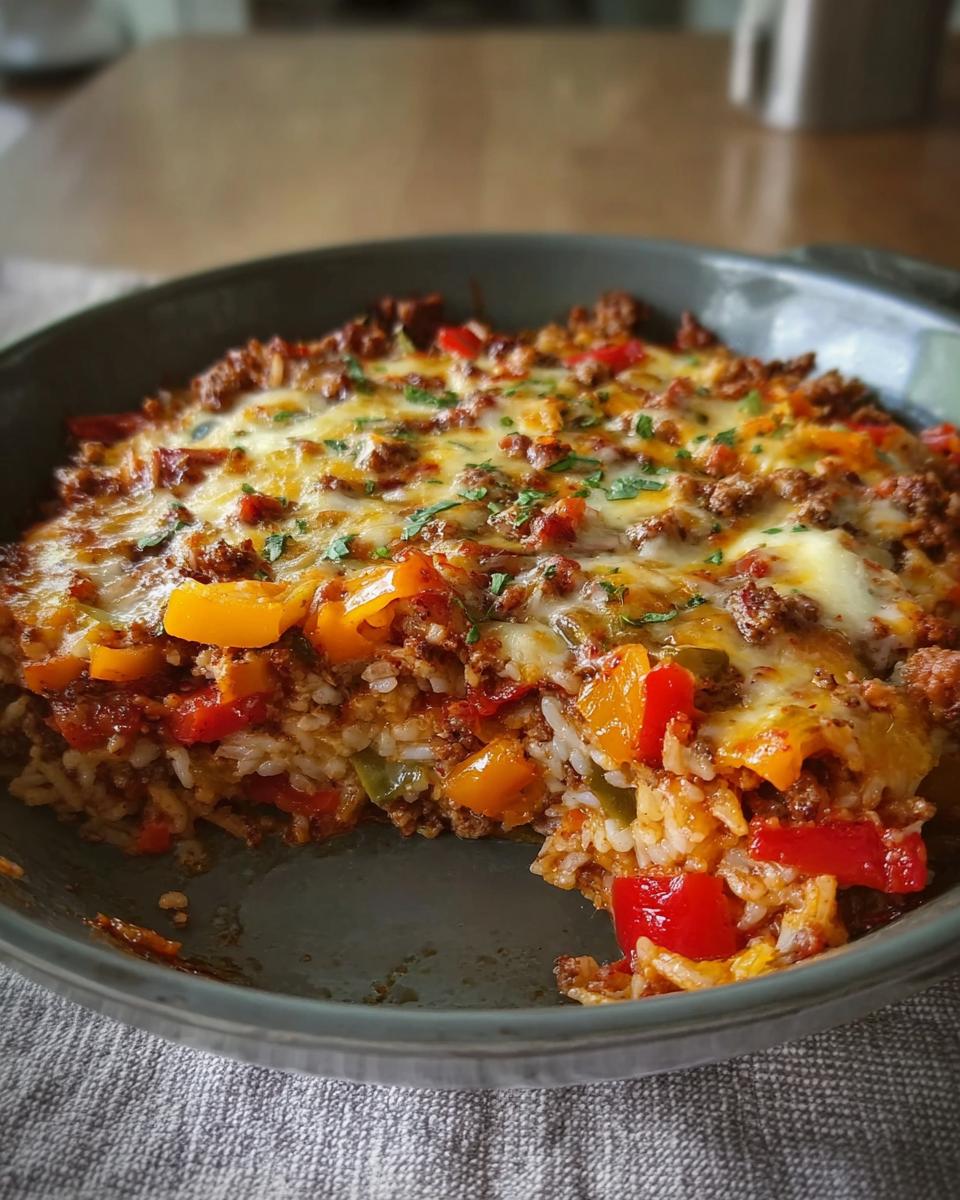 A close-up of a serving dish containing Stuffed Pepper Casserole, showing layers of rice, ground meat, colorful peppers, and melted cheese.